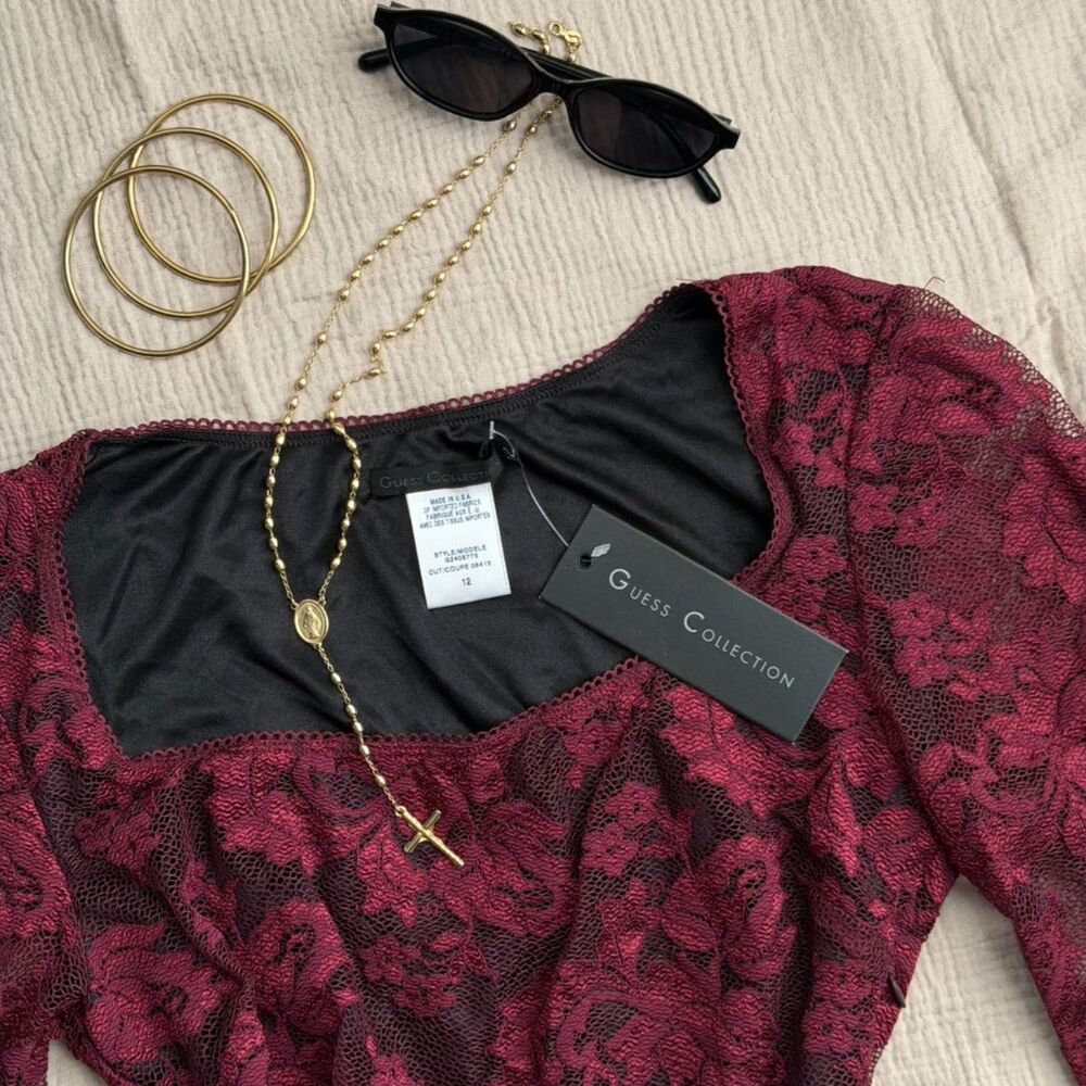 Vintage Burgundy Guess Lace Minidress with Bell Sleeves